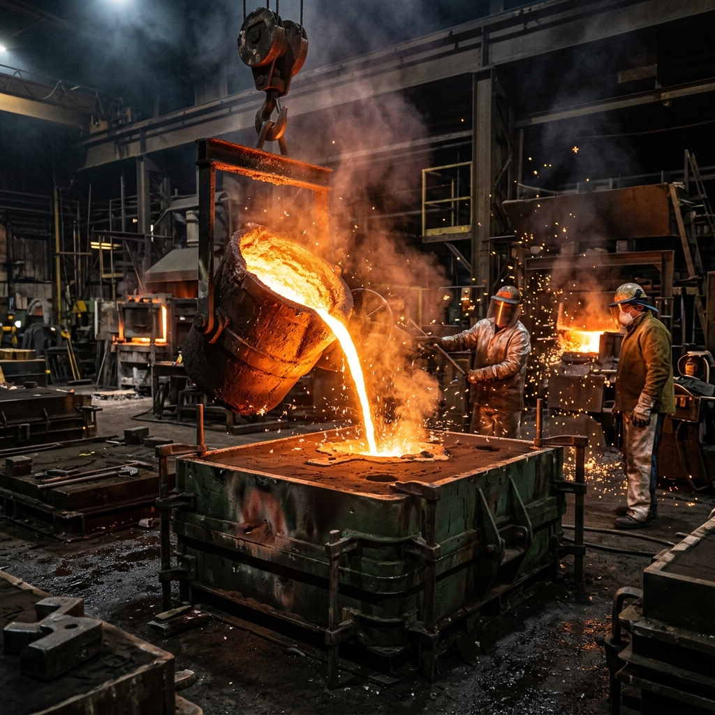 Molten steel being poured into sand mold